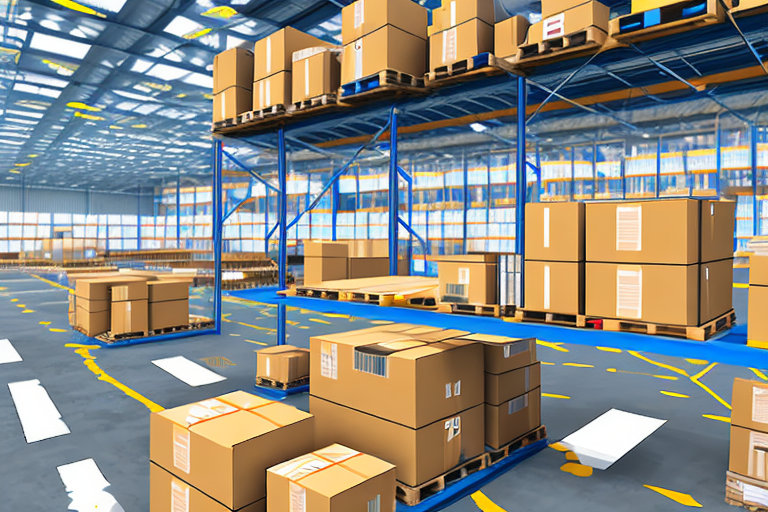 A warehouse full of packaged goods with an amazon delivery drone flying overhead