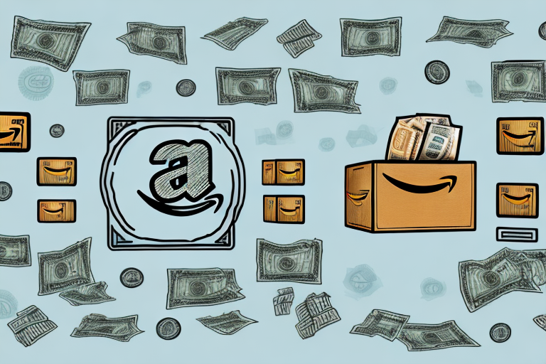 A variety of amazon product boxes with money symbols and arrows pointing upwards