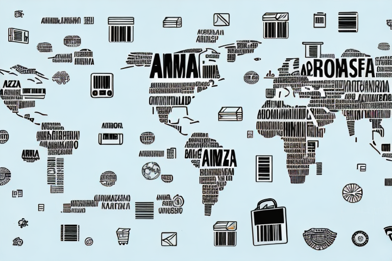 An amazon shipping box surrounded by various ecommerce symbols like shopping carts