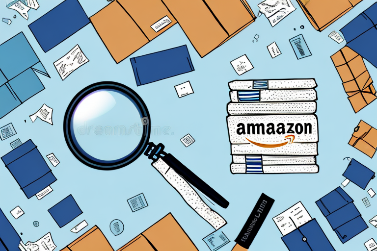 A pile of amazon packages of various sizes with a magnifying glass over them