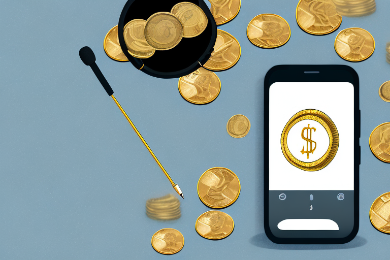 An audible app on a smartphone screen surrounded by gold coins and dollar bills