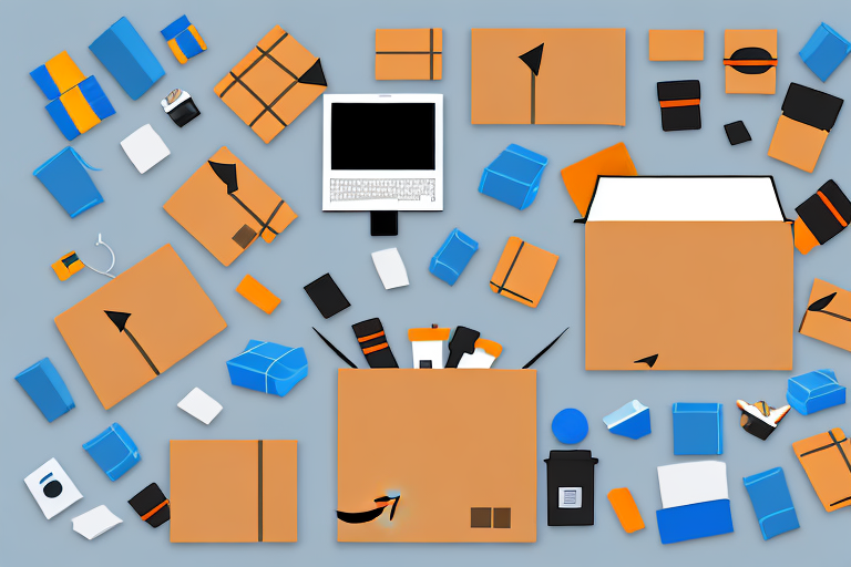 An amazon delivery box surrounded by various products like books