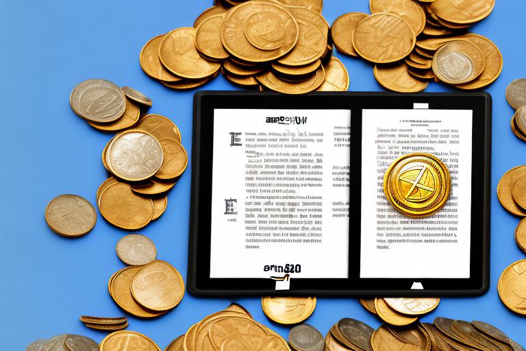 An amazon kindle surrounded by symbols of wealth such as gold coins