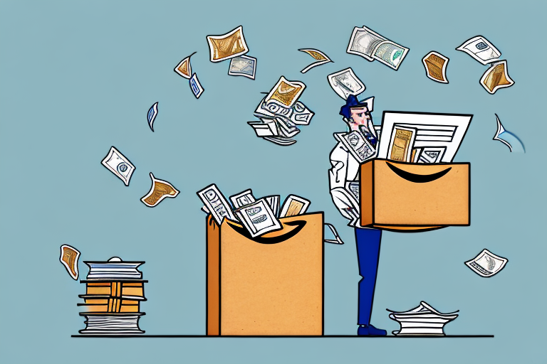 A stack of various books next to a stylized amazon delivery box overflowing with coins and bills