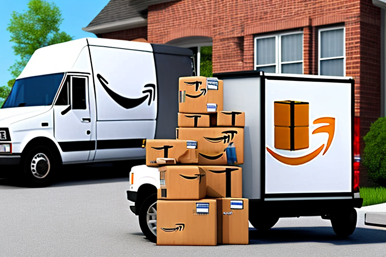 An amazon delivery van parked in front of a home with multiple packages ready for delivery