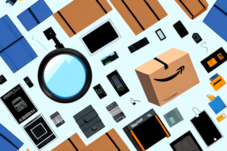 An amazon box surrounded by various products like electronics