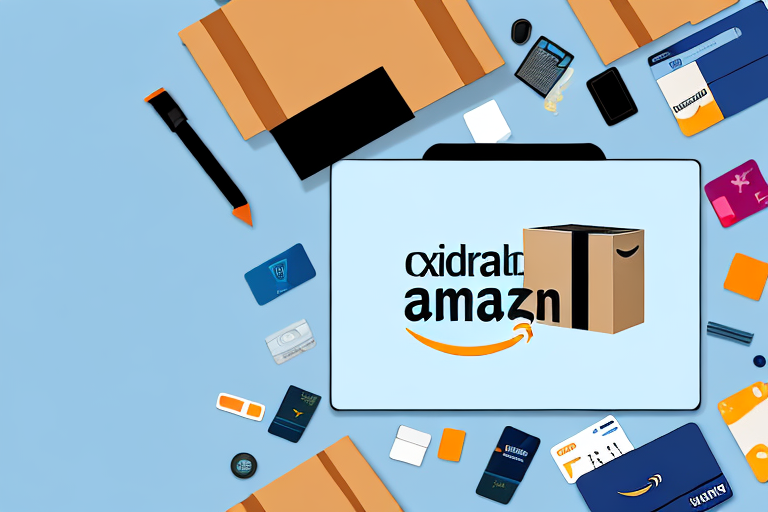 An amazon box surrounded by various business-related items such as a calculator