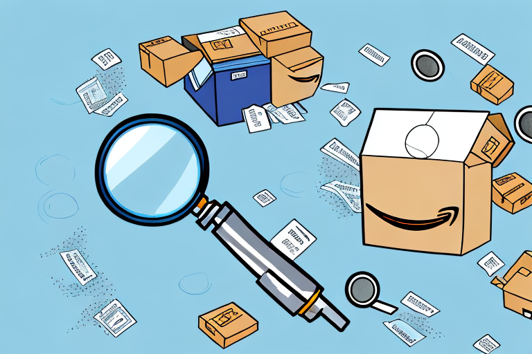 An amazon box with price tags and a magnifying glass