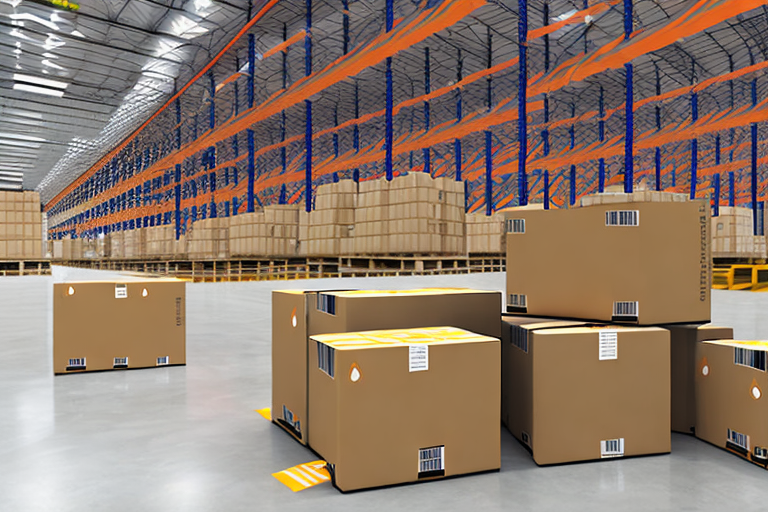 A warehouse with amazon boxes being loaded onto a drone