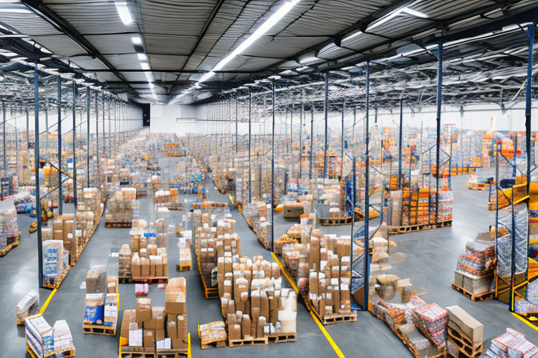 A warehouse filled with various types of products being sorted and packaged