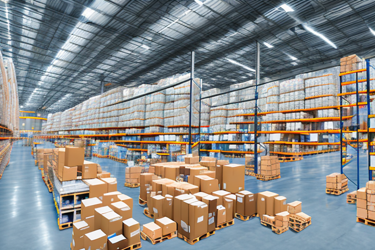 A warehouse full of various products with a large conveyor belt