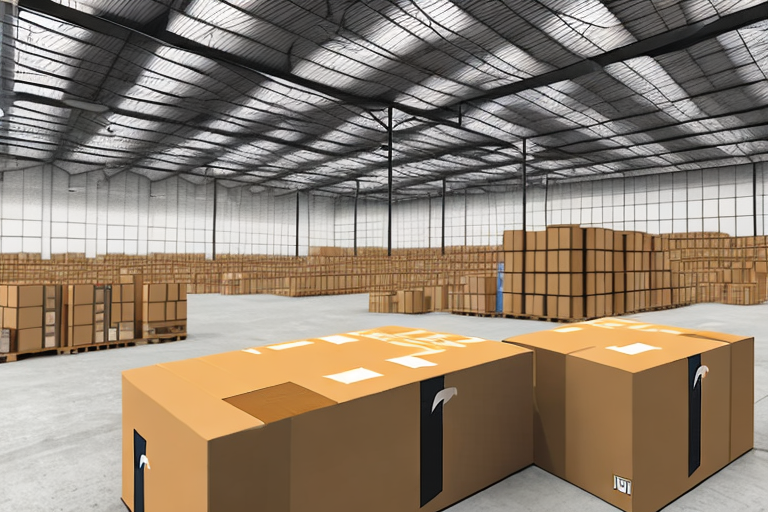 A warehouse with amazon boxes being prepared for shipment