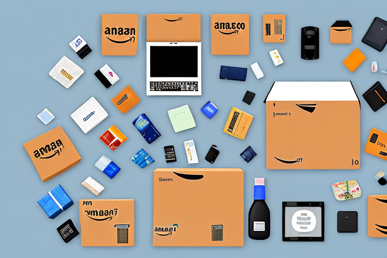 An amazon delivery box surrounded by various products like books