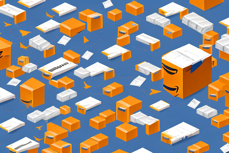 A bustling amazon warehouse with packages being sorted and loaded onto delivery drones