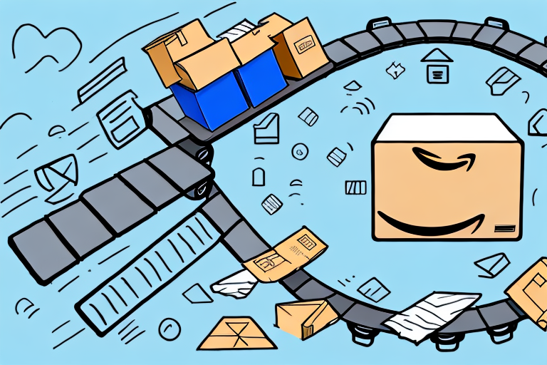 An amazon box on a conveyor belt with arrows indicating the step-by-step process of packing