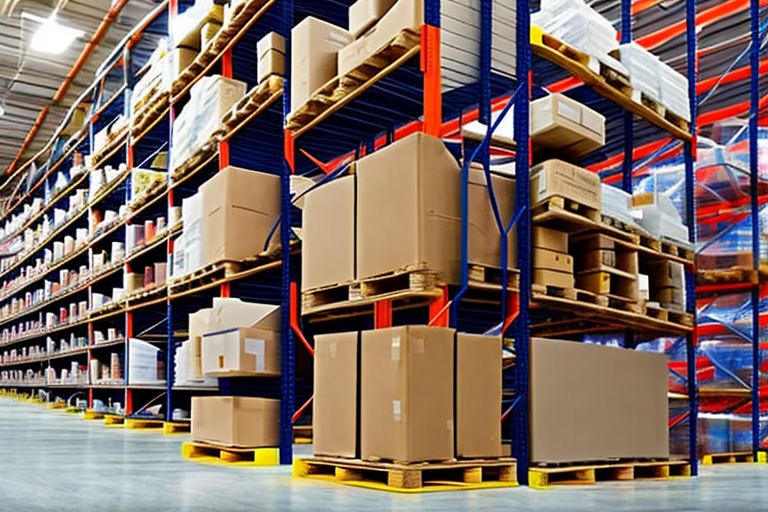 A warehouse with stacks of pallets ready for shipment