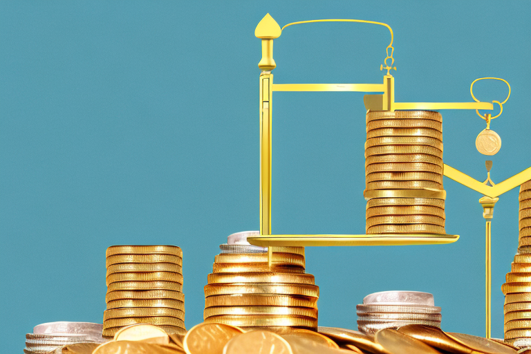 A balance scale with a box labeled "fba" on one side and a pile of gold coins on the other side