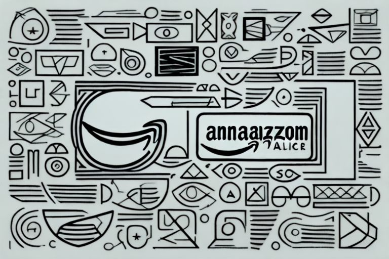 A variety of products arranged in a line leading towards an abstract representation of amazon