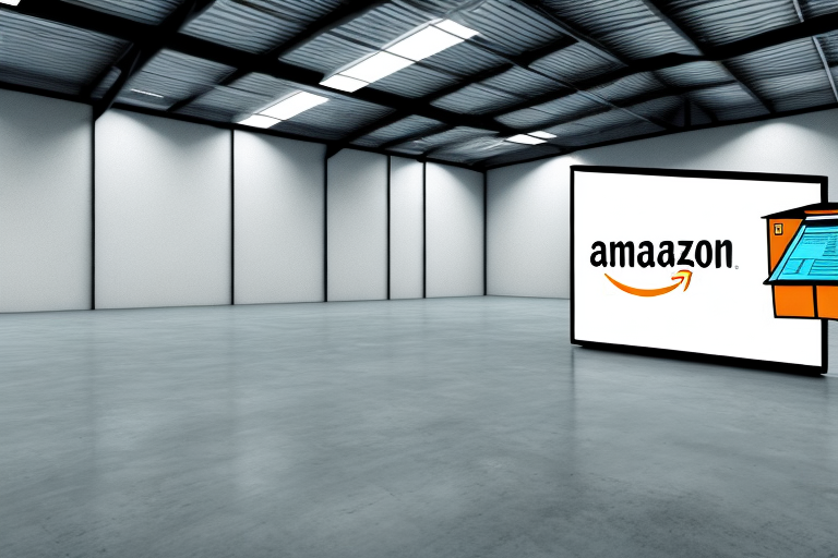 An empty warehouse with a computer showing the amazon website on its screen