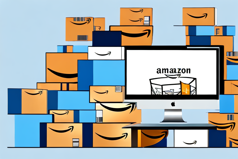 A computer screen displaying an amazon webpage next to a series of abstract