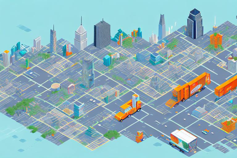 A thriving cityscape made up of amazon-themed elements such as boxes