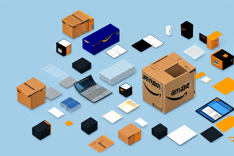 An amazon box surrounded by various objects representing the process of fba such as a barcode scanner