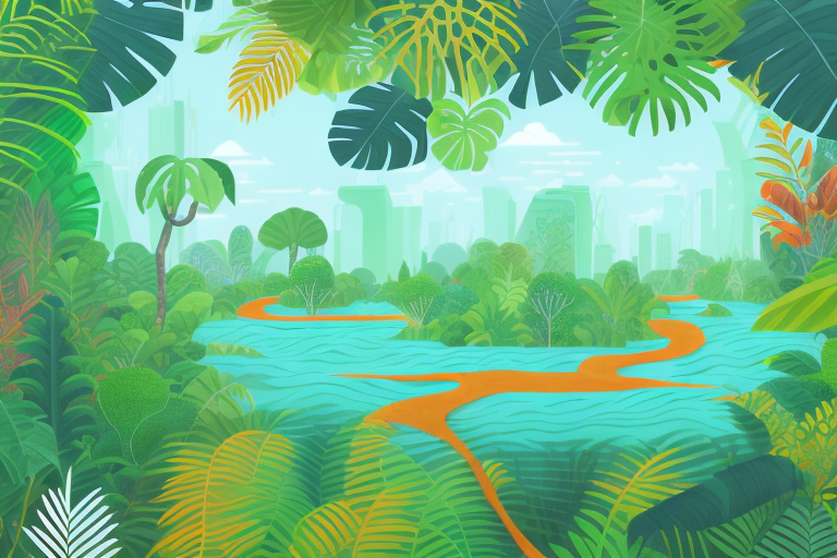 A thriving jungle with various elements symbolizing an amazon business such as a flowing river (representing smooth operations)