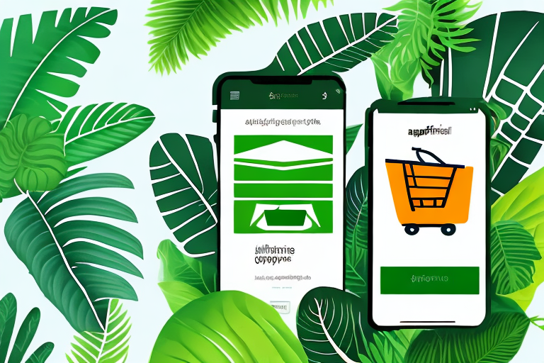 A thriving amazon rainforest with various e-commerce elements such as a shopping cart