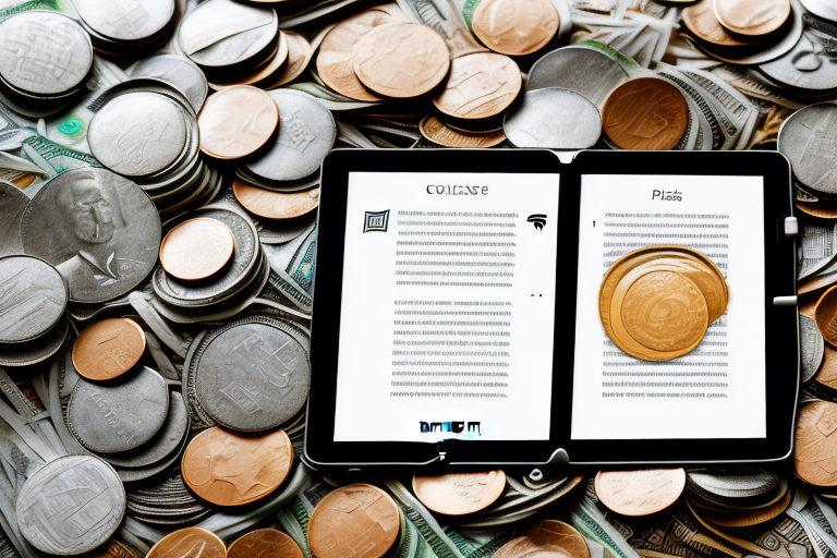 A pile of coins and banknotes next to a stylized amazon kindle e-reader