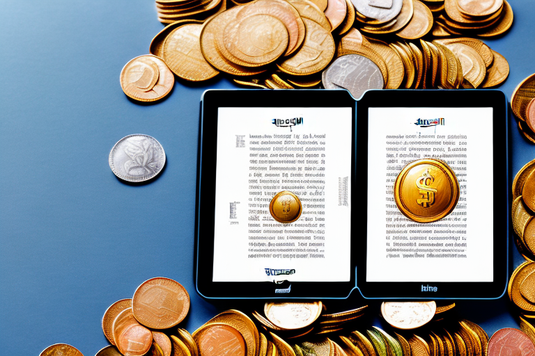 An amazon kindle surrounded by symbols of wealth like coins