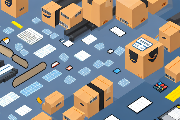 A warehouse with amazon boxes being sorted onto conveyor belts