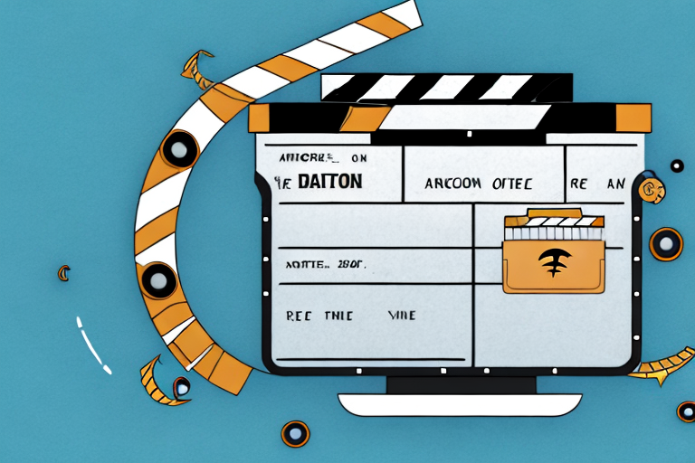 A movie reel and a cash register integrated with amazon prime's recognizable arrow symbol