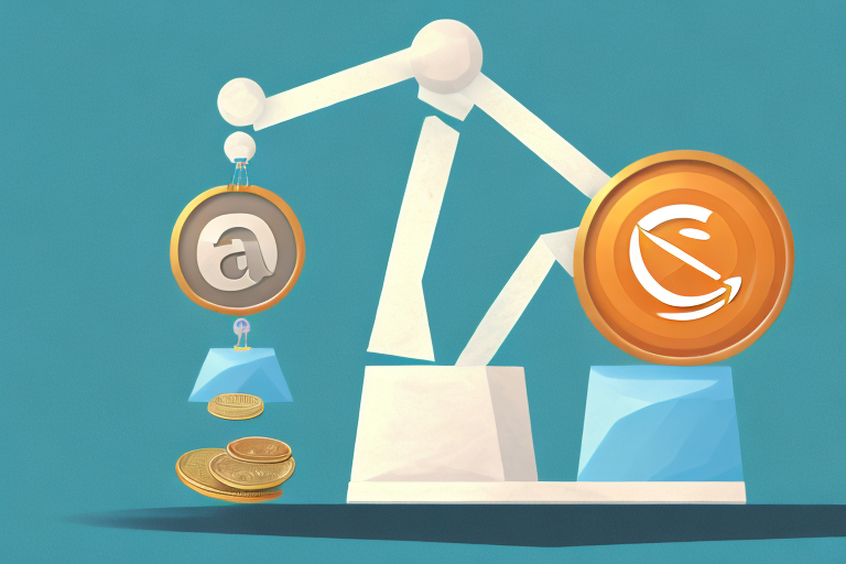 A scale balancing a box (representing amazon fba) and a coin (representing profitability)
