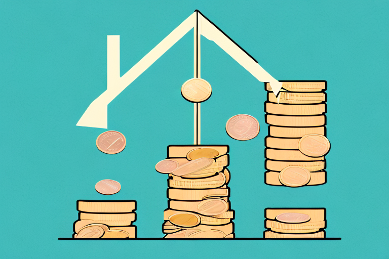 A scale balancing a pile of coins on one side and a box with an amazon-inspired arrow on the other