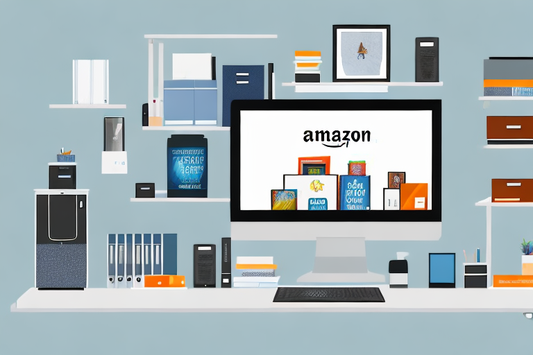 A home office setup with a computer displaying the amazon website