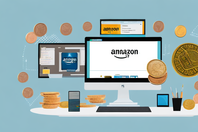 A home workspace with a computer displaying the amazon website