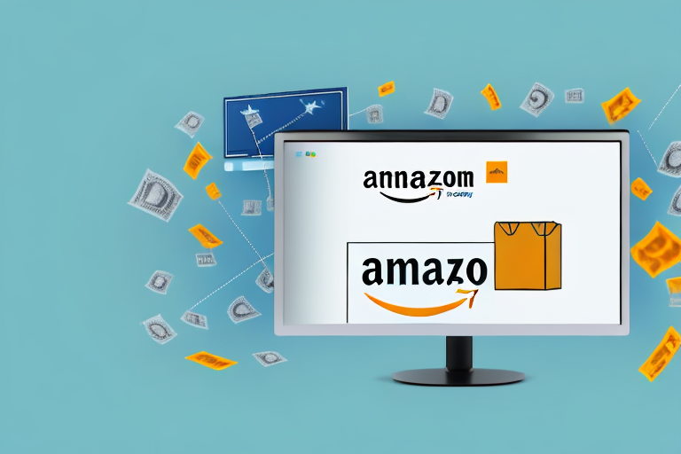 A computer screen displaying an amazon product page with a symbolic dollar sign floating out of it