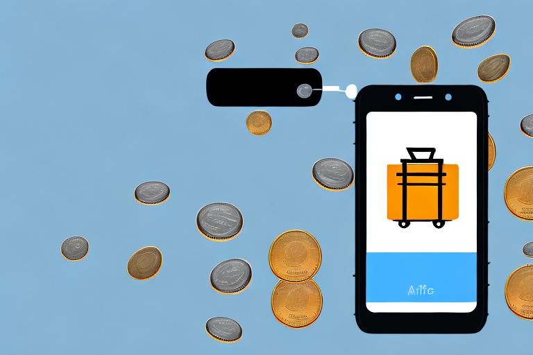 A smartphone displaying a stylized amazon seller app interface with various icons symbolizing e-commerce activities like selling