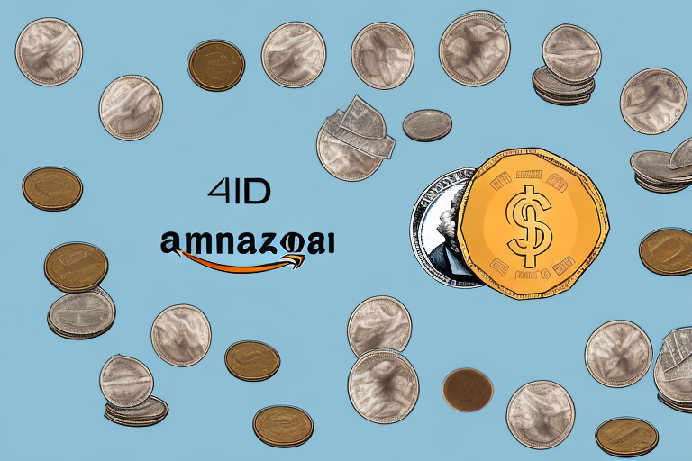 A pile of coins and banknotes next to an audible app icon and an amazon package