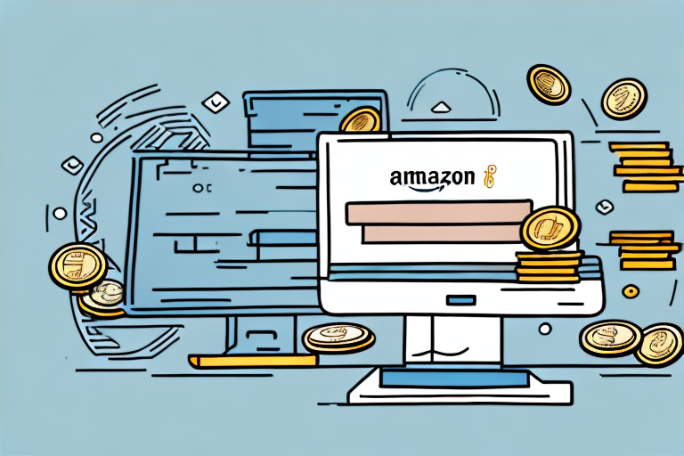 A computer mouse clicking on an amazon-style shopping cart full of coins and dollar bills