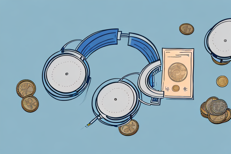 A pair of headphones resting on a pile of coins