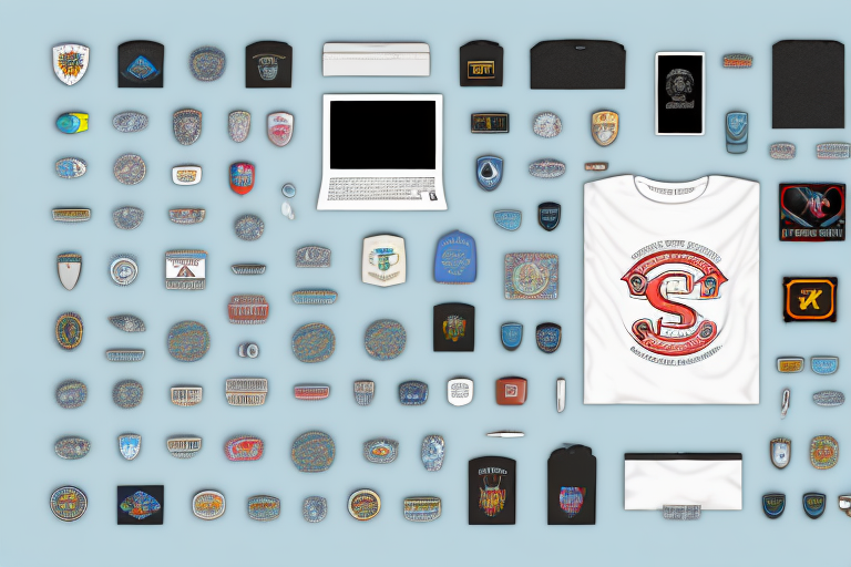 A computer screen displaying a variety of unique merchandise items like t-shirts