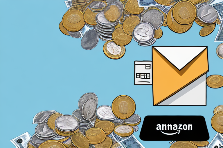 An amazon box overflowing with coins and bills