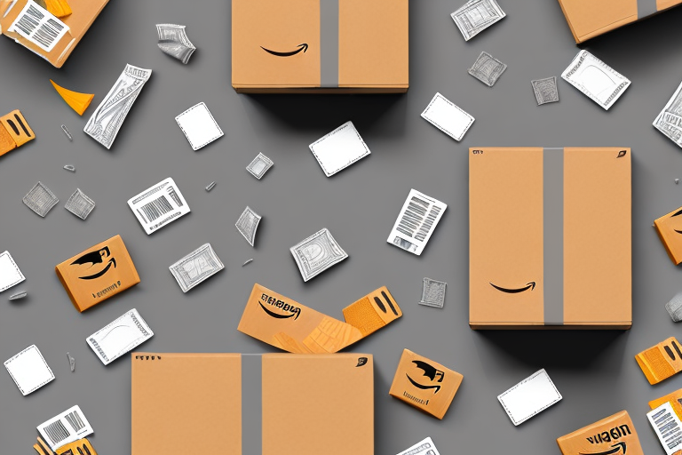 A wallet opening to reveal various amazon-related items such as a cardboard box