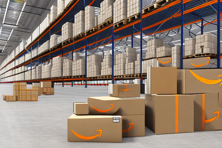 A warehouse with amazon packages being loaded onto a delivery truck