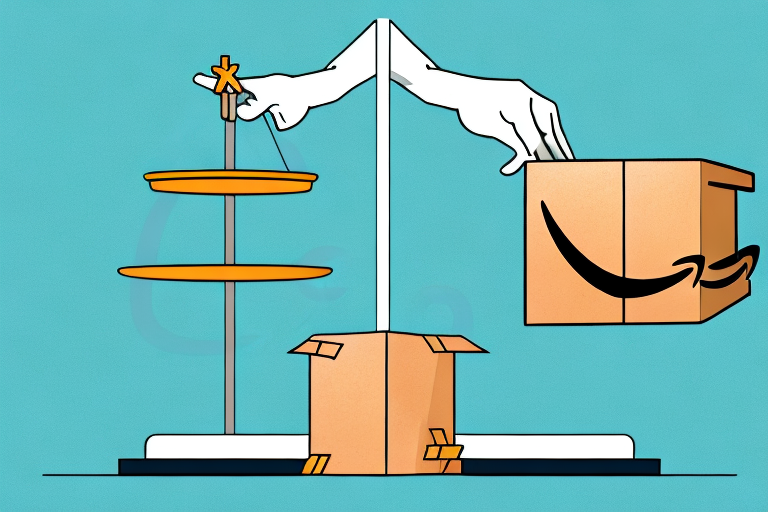 A scale balancing a box labeled with a dollar sign on one side and an amazon package on the other