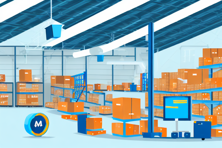 A warehouse full of various products with a computer screen displaying an amazon interface