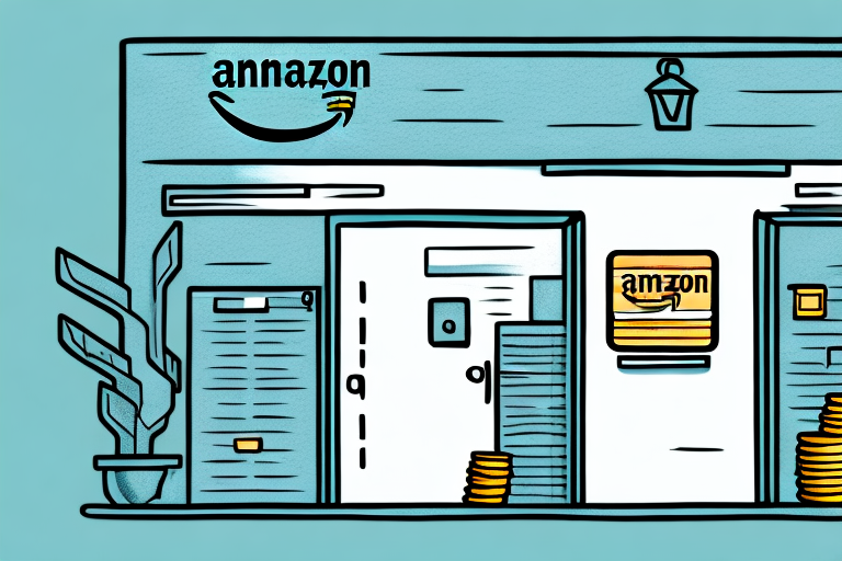 An amazon storefront with cash bills and coins flowing out of the door