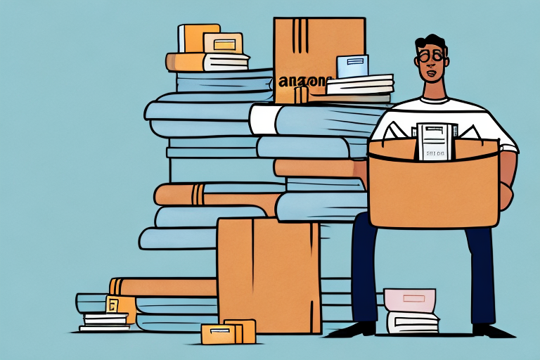 A stack of books beside an amazon delivery box filled with cash