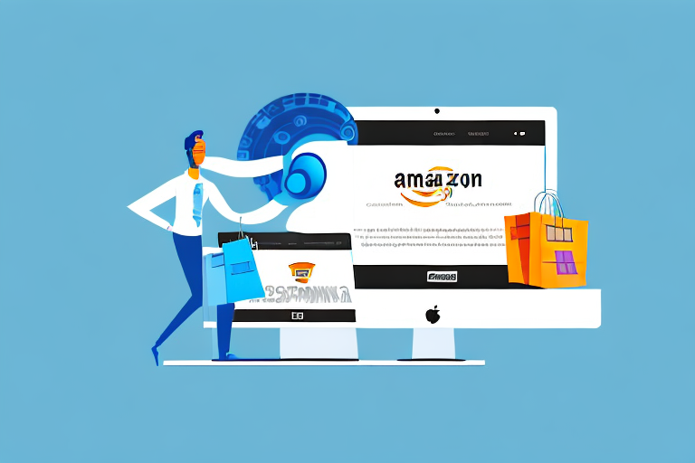 A digital product (like an ebook or a music album) being transferred from a computer to the amazon platform symbolized as a shopping cart